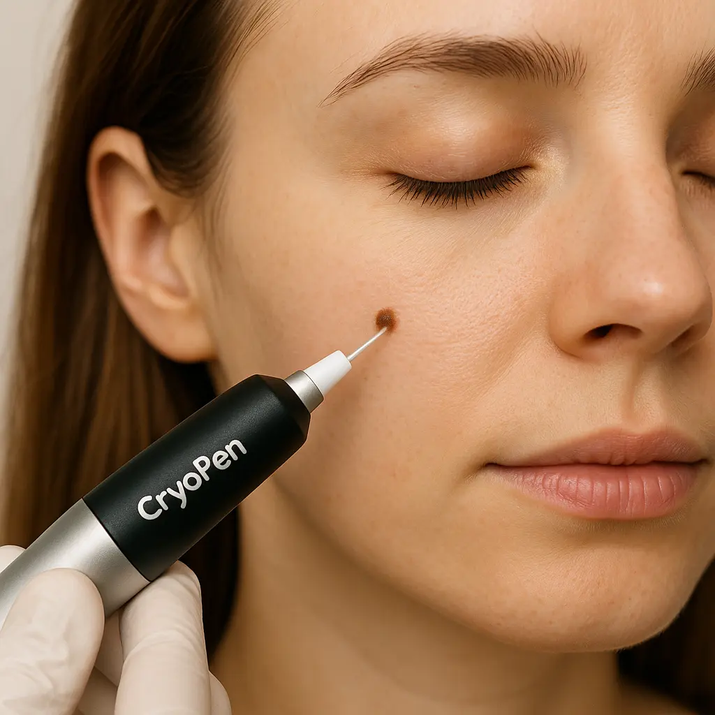 woman receiving facial mole removal East Grinstead using cryopen 